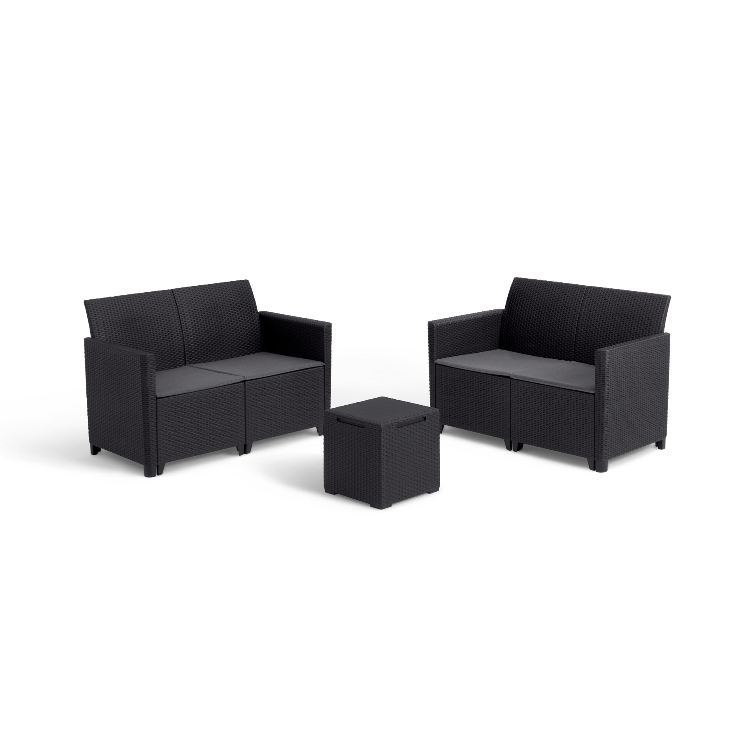 Keter Marie Outdoor Lounge Set | 2 Sofas + Vigo Storage Table + Cushions | Rattan-Effect Finish | Weatherproof Resin | 15-Min Easy Assembly | 3-Year Guarantee