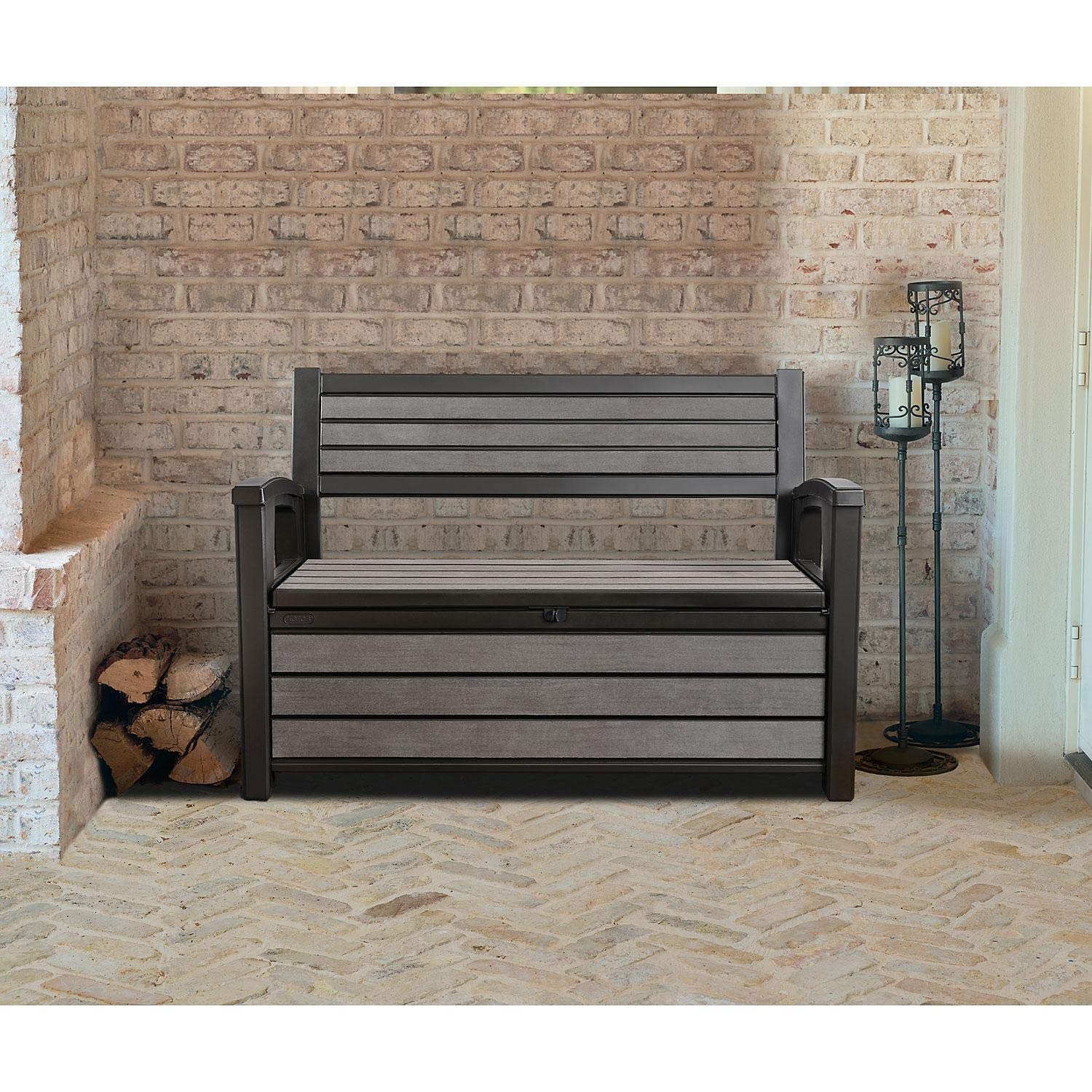 Keter Hudson 60 Gallon Capacity Plastic Resin Weather Resistant Outdoor Home Backyard Storage Bench/Deck Box Chest Patio Furniture, Gray