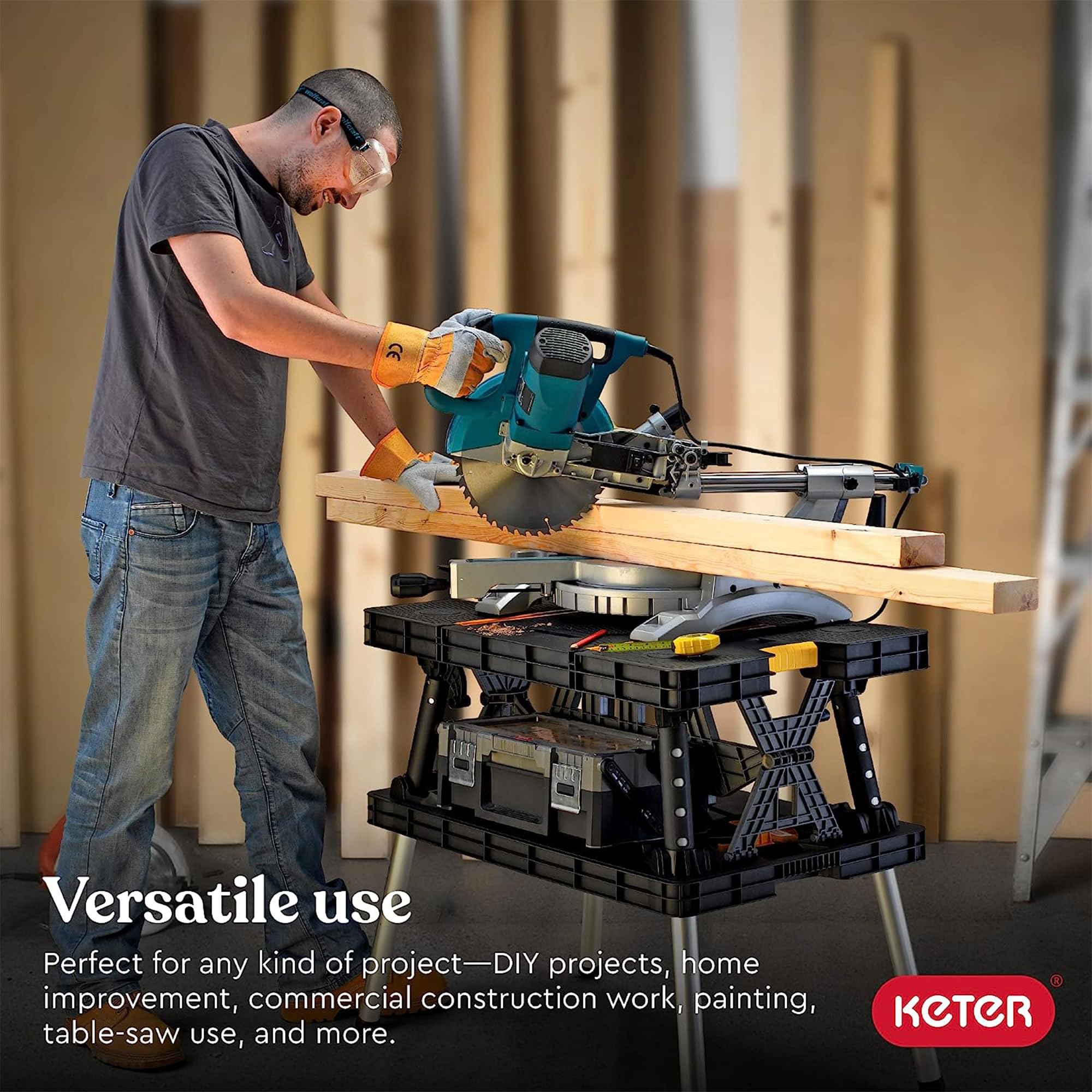 Keter Folding Work Table, Portable Workbench w/ 12" Clamps for Garage/Wood Shop